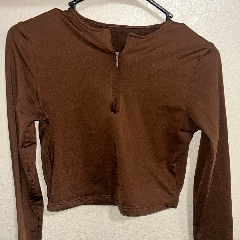 Elegant Brown Long Sleeve Crop Top